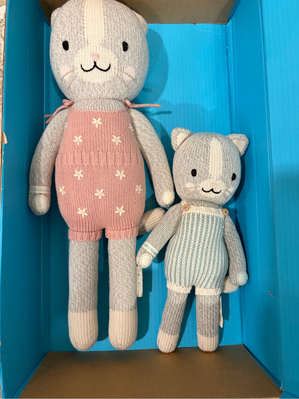 Knitted Grey & Pink Cat Plush Toy Set - Soft Stuffed Kitties